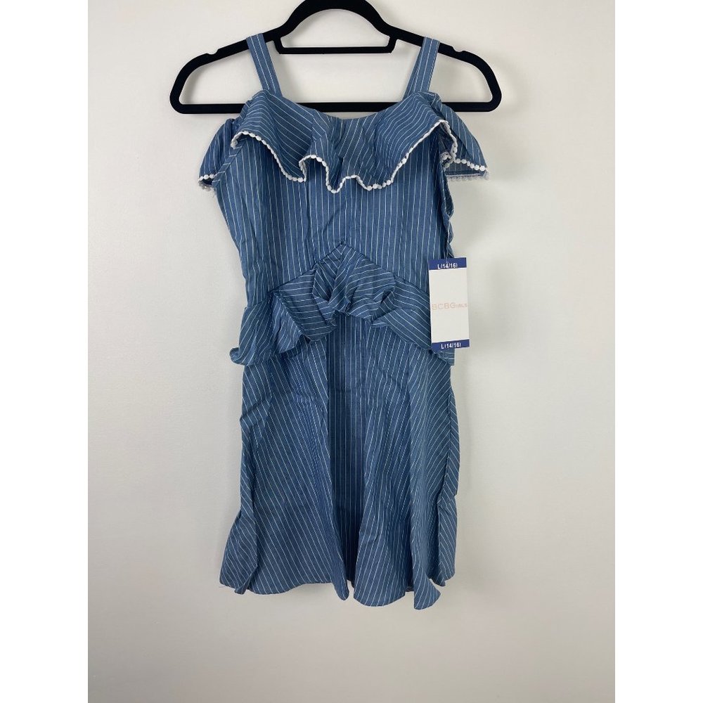 NEW BCBG Girls blue dress with white stripes size large